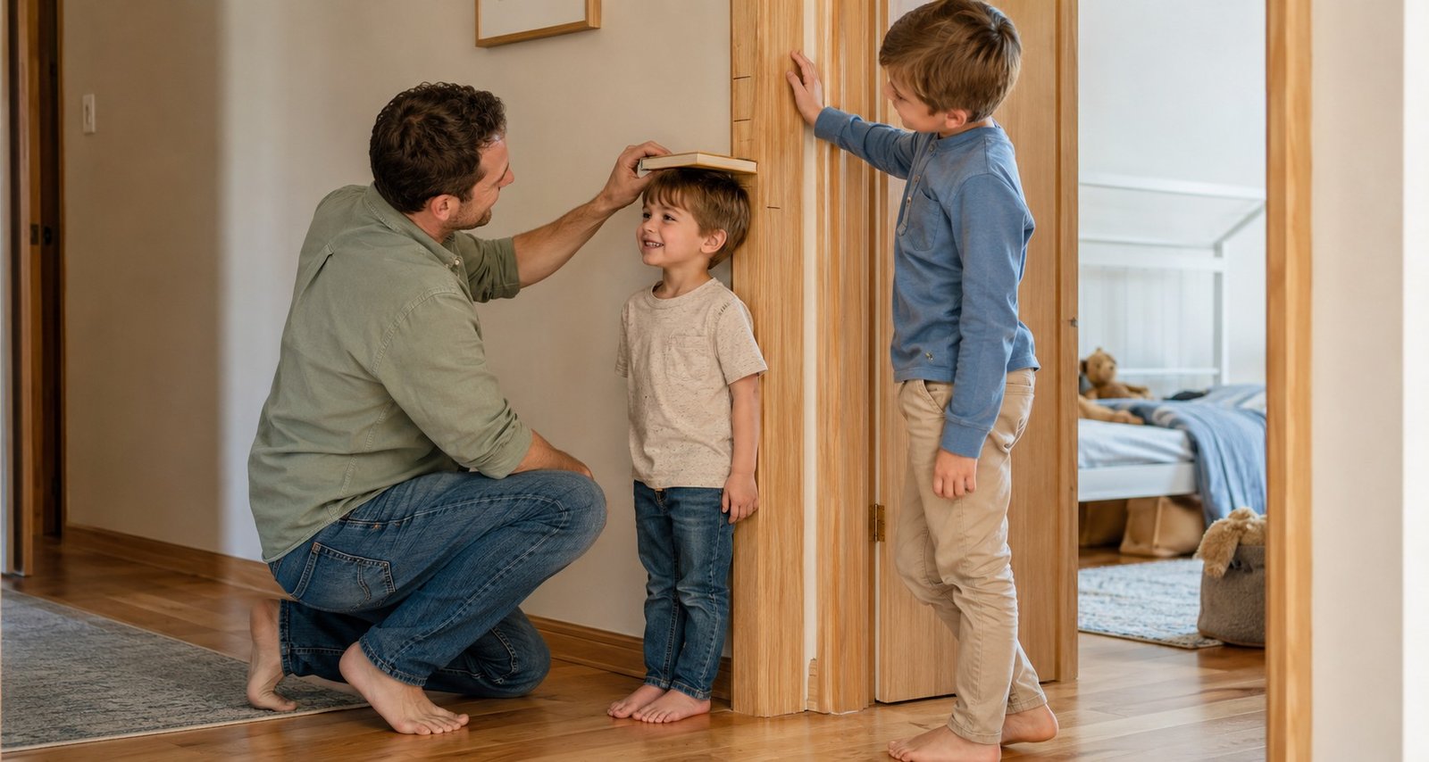Parent measuring a barefoot child beside a wooden door jamb with a sibling nearby.