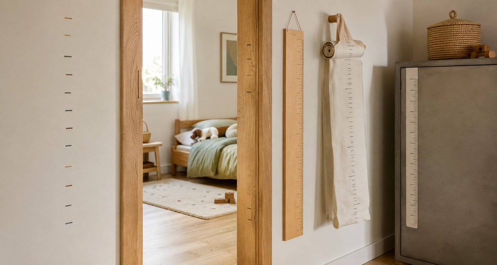 Colorful door-jamb marks with rustic, white, tree, and rocket growth charts.
