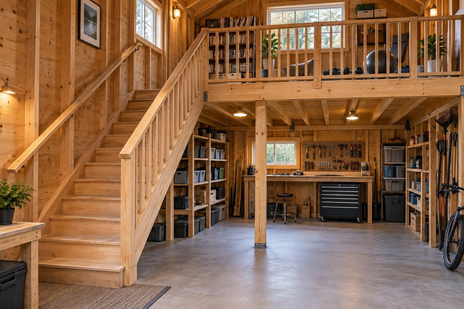 Two-storey wooden garden shed interior with fixed stairs, handrails, guarded loft, strong floor joists, and organized storage.
