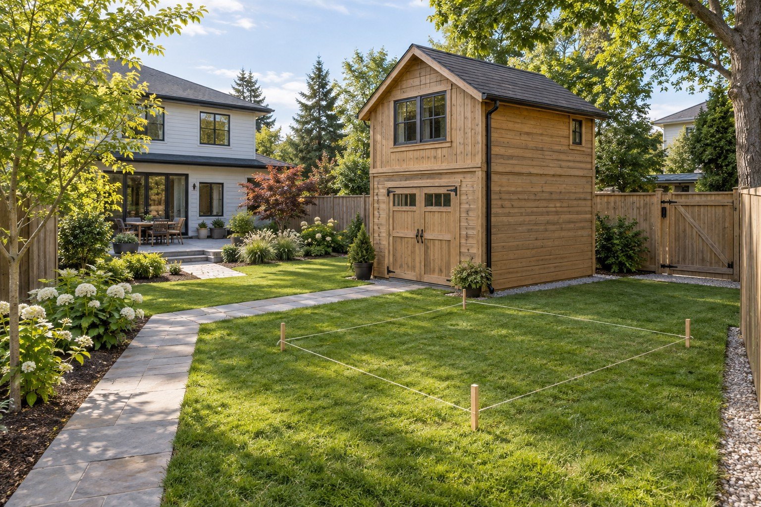 Two-storey wooden garden shed with marked yard space, access path, fencing, trees, and nearby house.